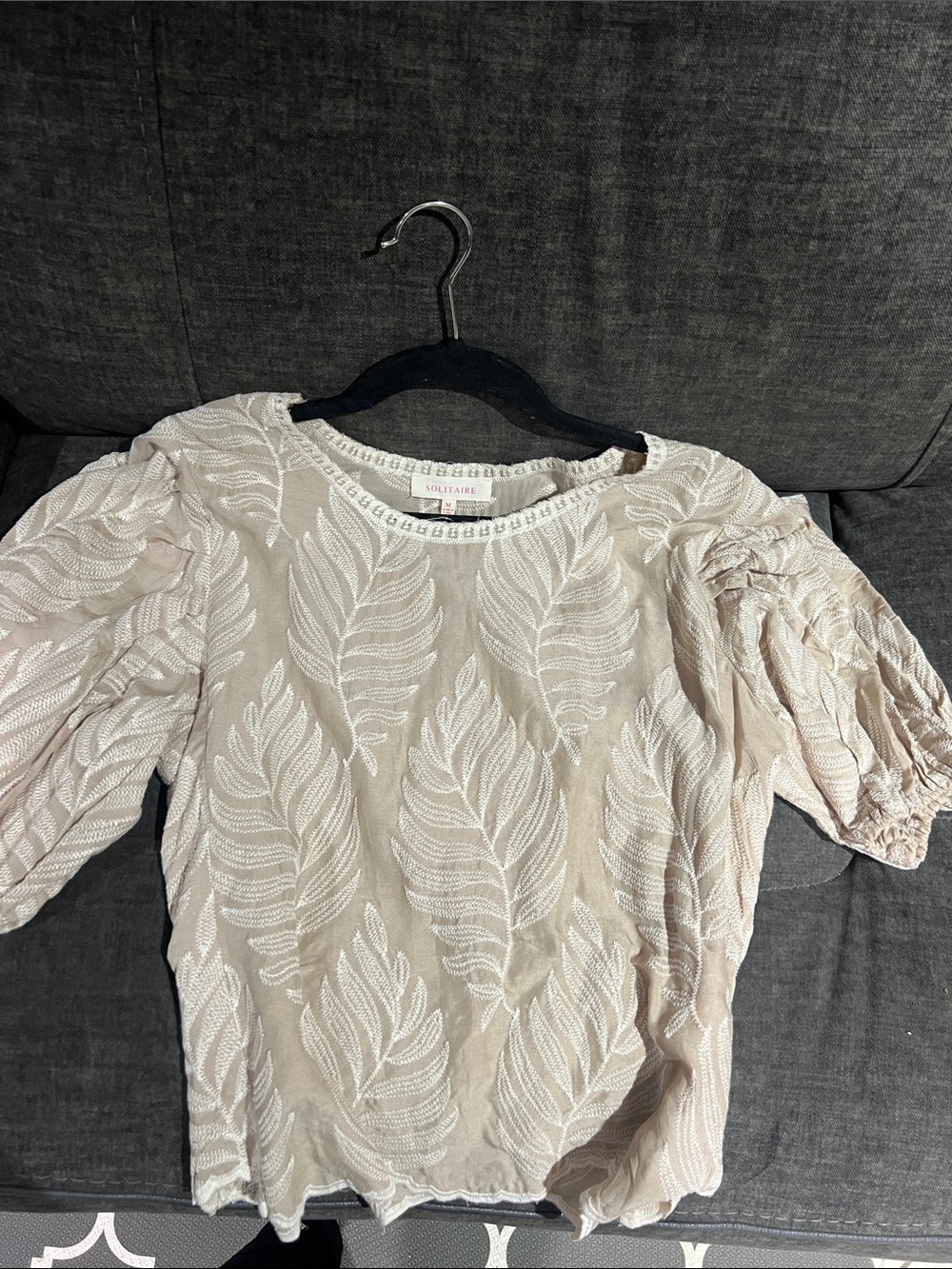 Solitaire Light Beige Embroidered Puff Sleeve Top